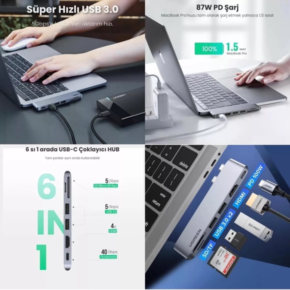 Ugreen 6 in1 Hub Usb-C Card Reader Compatible With Macbook Pro/Air IN Grey - Picture 7 of 8